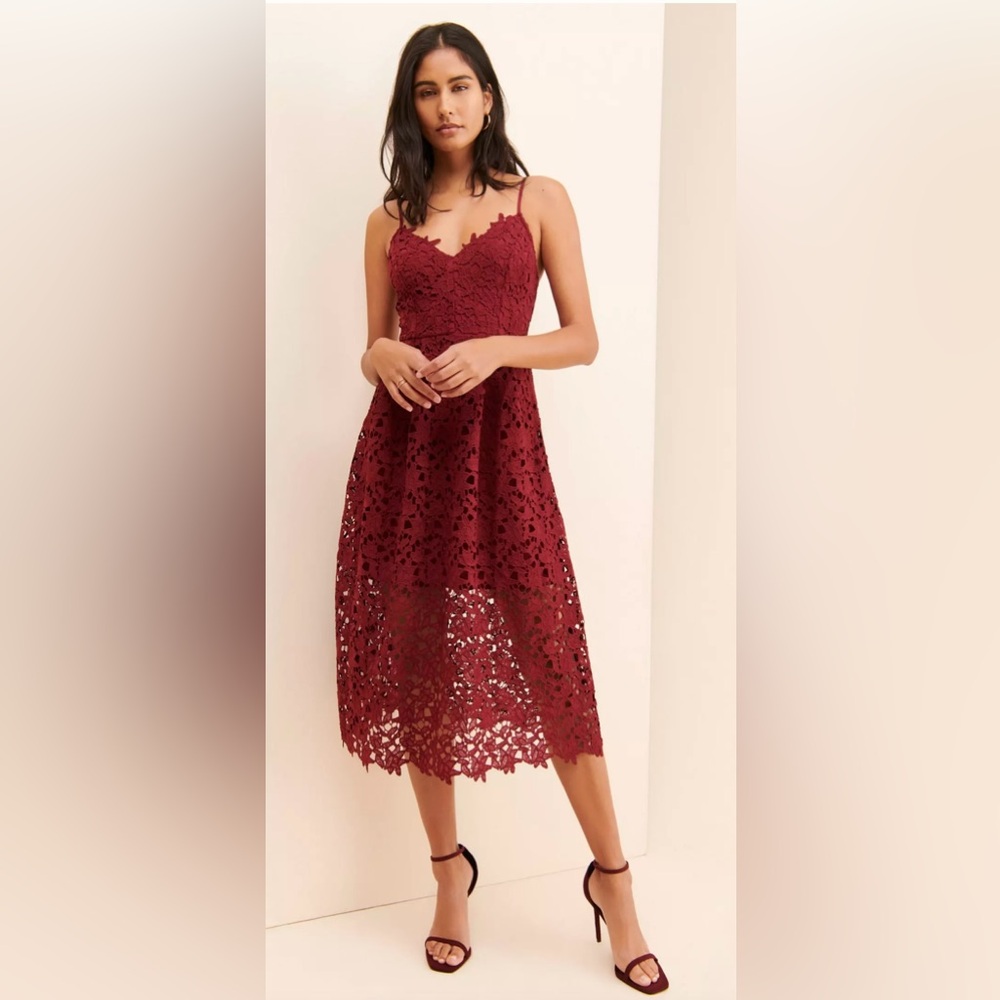 Astr Burgundy Lace Midi Dress